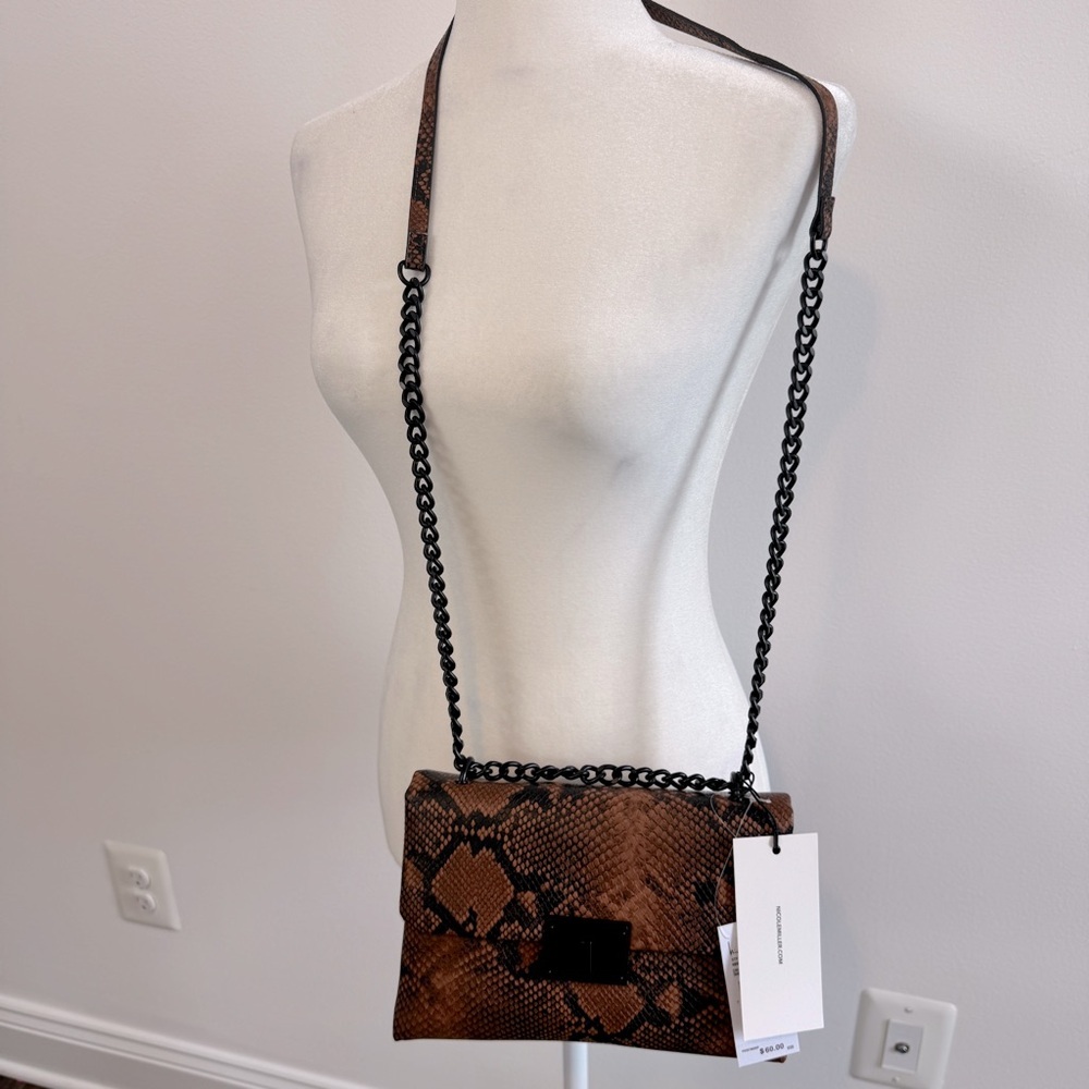 NEW Nicole Miller Brown Black Snakeskin Crossbody Bag Faux Leather - Picture 2 of 8